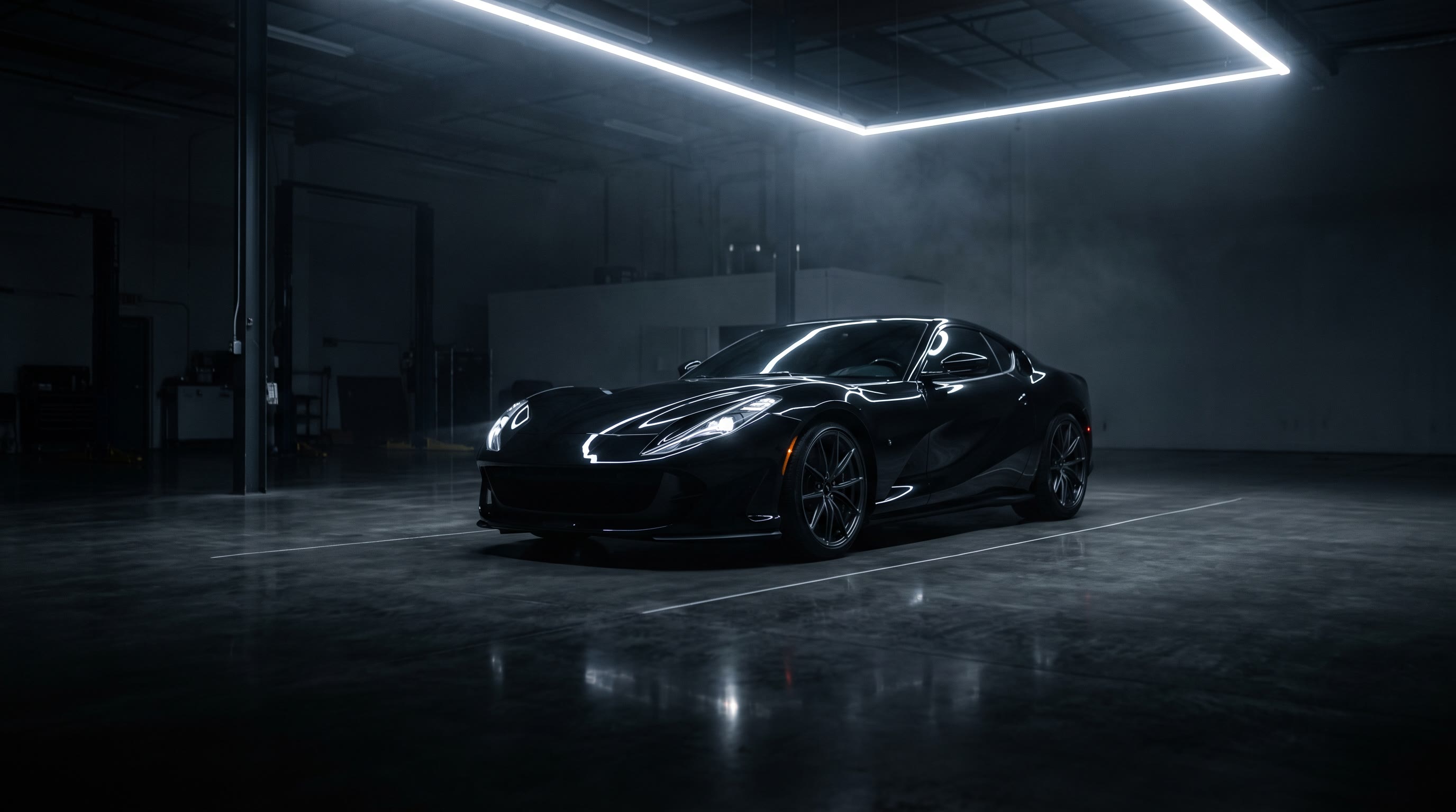 A glossy black sports car under LED light bars in a dark detailing studio
