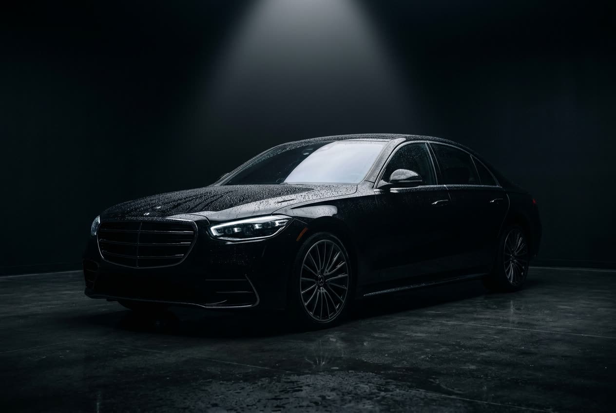 Gleaming black luxury sedan with water beads under a single studio light