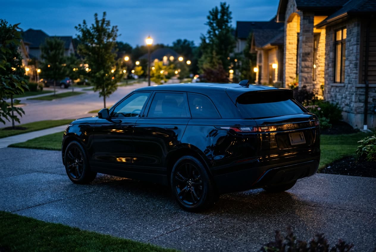 Freshly detailed black SUV parked on a suburban driveway at dusk