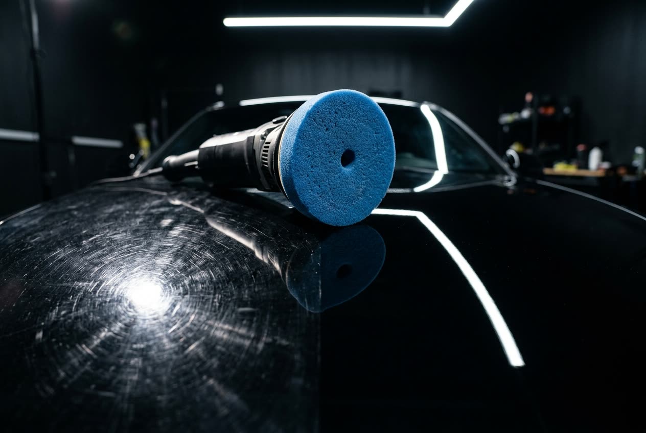 Orbital polisher pad resting on black paint, half swirled and half mirror-glossy