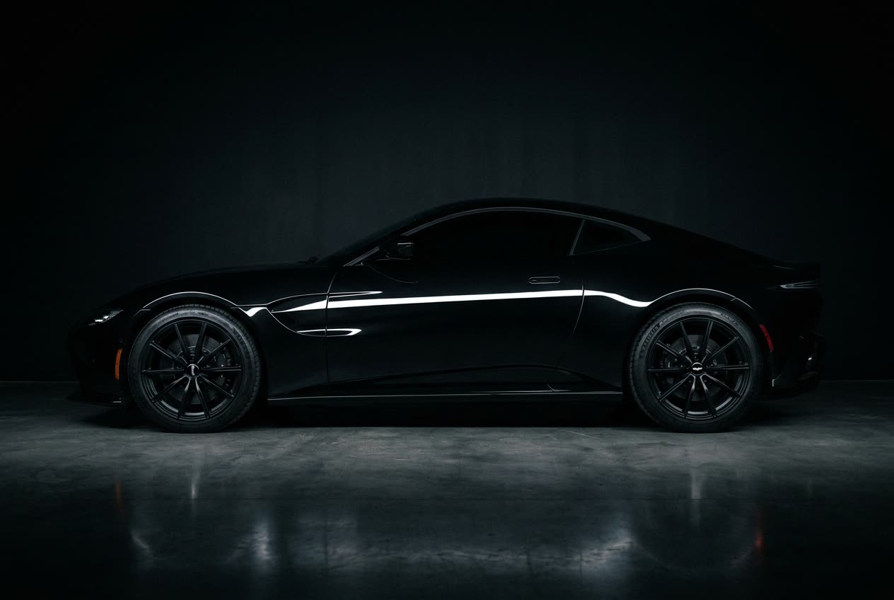 Black coupe with dark tinted windows and a strip light reflection in a dark studio