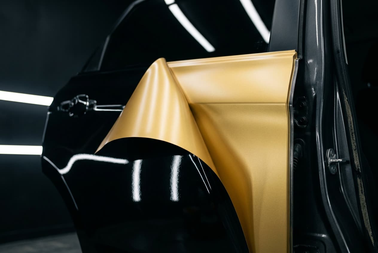 Satin gold vinyl film curling away from a half-wrapped black car door
